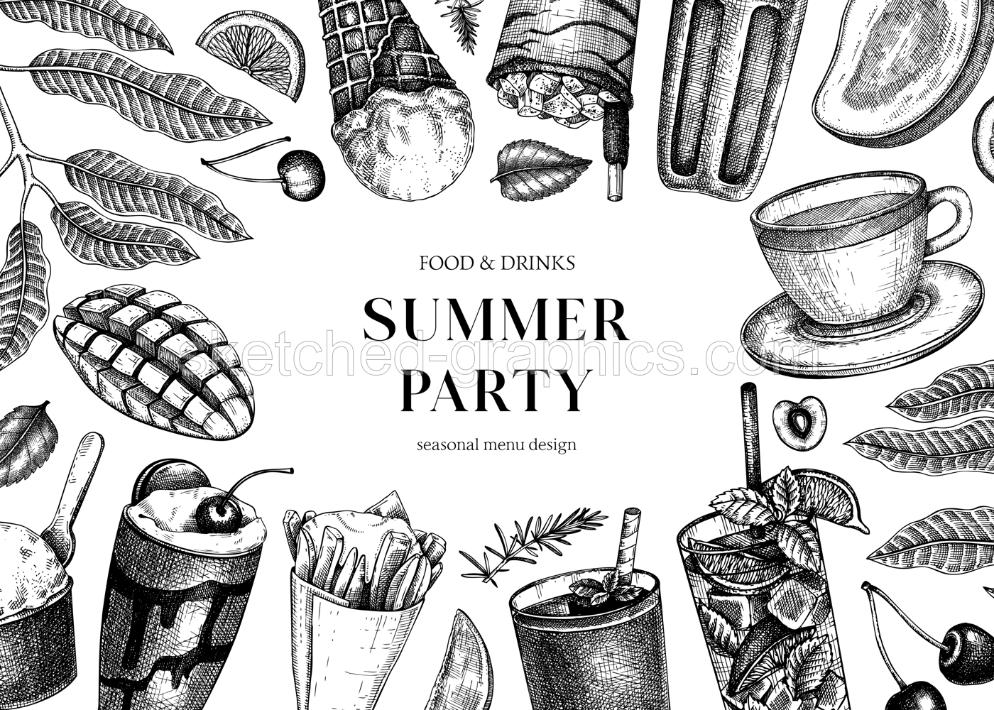 Summer party background. Non-alcoholic beverage, mocktail, ice cream, fruit, cocktail sketches. Hand drawn vector illustration. Summer food festival frame. Tropical design in vintage style Illustration